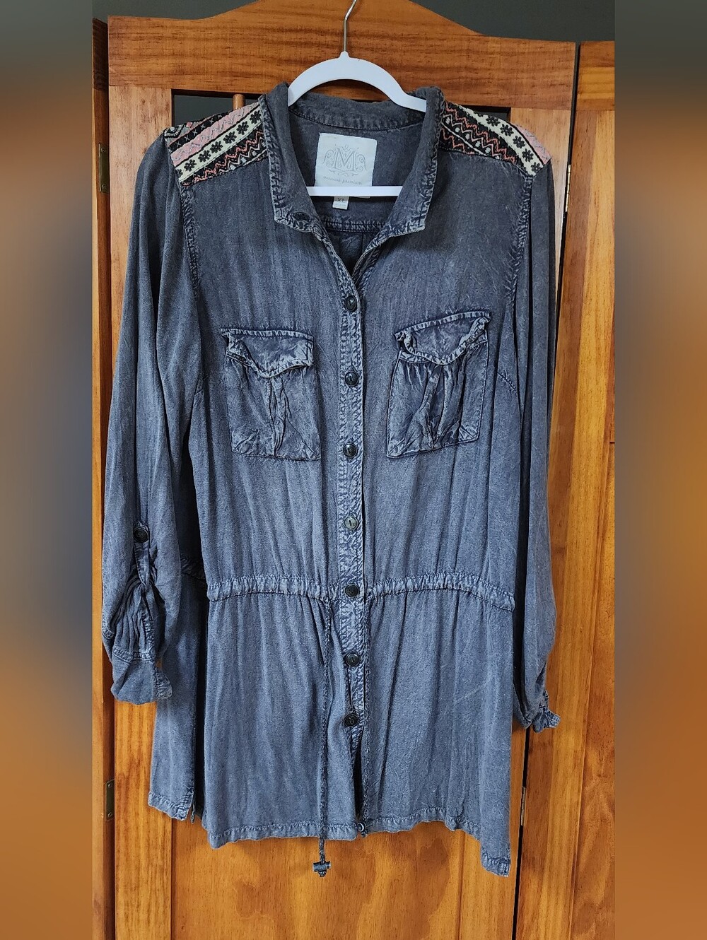 Women's Washed Navy Button-Front Tunic with Embroidered Shoulders